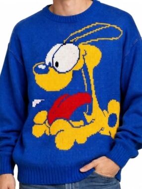 Vintage 1978 RARE Odie Garfield Sweater LG Blue Graphic Knit Double-Sided Unisex